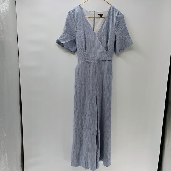 Ann Taylor Tie Waist Wide Leg Pin stripped Linen Blend Jumpsuit with Pockets - Picture 7 of 12